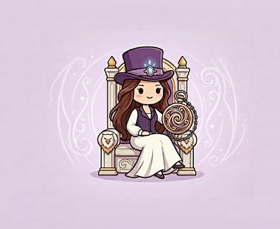 Cartoon Empress Kahlan in a purple top hat sitting on a throne with a pocket watch